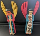 Mexican Folk Art Oaxacan Wood Carving Hand Painted Pair Of Angels   Signed   
