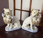 Fitz   Floyd Vtg Pair Porcelain White Bulldogs W puppies Blue   White Figurines
