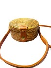 Handwoven Straw Boho Crossbody Bag Small - Brown Leather Strap   Fabric Lined