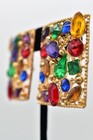 Vintage Crystal Clip On Earrings Multi-color Rhinestone Gold Chunky Nos 80s A28