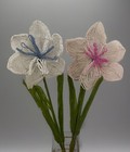 Vintage French Glass Seed Beaded Large Flowers Blue Pink Green Long Stem