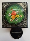 Russian Hand Painted Black Lacquer 2 Tier Box W Signed Round Brooch Flowers