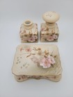 Vtg 3 Piece Victorian Garden  dogwood  Flowers   Gold Trim Vanity Dresser Set