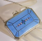 Vtg Eam Elgin Art Deco Blue Guilloche Enamel Floral Makeup Powder Compact Purse