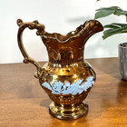 Antique Copper Luster Pitcher Raised Relief England C  1840 s Floral Blue