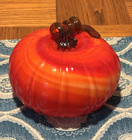 Blown Art Glass Pumpkin Orange Swirl Brown Curly Stem  6in By 9in