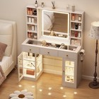 Vanity Desk With Mirror And Lights  Rgb Glass Cabinet  Glass Top For Bedroom