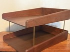 Vintage 60s Mcm Mid Century Two Tier Walnut Letter Tray Brass File Holder Wooden
