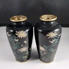 4  Antique Cloisonne Vase Set Matching Small Black Vintage Fine 4 Inch Flower 