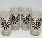 Vtg Set Of 4 Mid-century Brown Daisy Glass Tumblers With Gold Geometric Design
