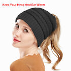 Ponytail Beanie Hat Cable Knit High Messy Bun Warm Winter Women Tail Skull Cap