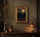 Vintage Gold Framed Moody Moonlit Forest Wall Art Crescent Moon Forest Wildflowe