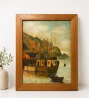 Vintage Harbor Fishing Boat Coastal Seascape Framed Painting Signed 19 5x23 5