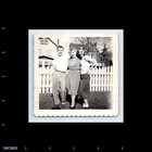 Old Vintage Square Photo Affectionate Trio Man Women In Yard Picket Fence