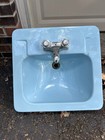 Vtg Porcelain Wall-mount Bathroom Sink Blue Mcm Crane 1964 Modern Art Deco Swag