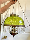Huge 14    Green Optic Glass Hanging Swag Hurricane Lamp Brass W crystals Mcm