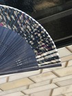 Vintage Japanese Sensu Folding Hand Fan Die-cut Bamboo wood   Blue Silk