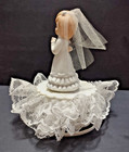 Vintage Bride   Groom Wedding Cake Topper Porecelain Figurine Lace Plastic Base
