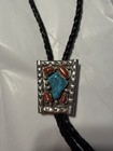 Native American Bolo Tie Sterling Silver Turquoise Coral Signed