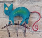 Vintage Metal Cat Key Holder Wall Hook Whimsical Hand Painted Folk Art