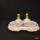 Vanity Dresser Tray 2 Perfume Bottles Pink Roses W gold Hand Painted Artist F w 