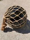 Rare Antique Japanese Glass Fishing Float     Green Glass 5 In  Ball In Rope
