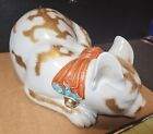 12    Kutani Sleeping Cat Antique Japanese Large Moriage Heavy Porcelain Signed