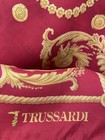 Y12  Vintage Trussardi 100  Silk Scarf Red   Gold Baroque Greyhound Motif Italy