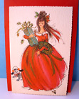        Unused Vtg Sunshine Christmas Card  Beautiful Girl In Red Dress W  Aqua Gift