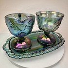 Blue Iridescent Indiana Carnival Glass Harvest Grapes Sugar Bowl  Creamer   Tray