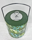 Vintage Mcm Green Blue Floral Ice Bucket Chrome Hande W Lid