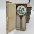 Vintage Asian Hand Held Ornate Vanity Purse Mirror Flowers Jade Handle In Box