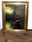 Original Vintage Ship Fishing Boat Sea Storm Sunset Signed J H Wang Oil Painting