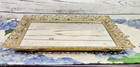 Vintage Ornate Silver Filigree Mirrored Tray With Feet Vanity Floral Rectangle