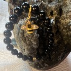 Black Onyx Beaded Bracelet With Gold Bee Dangle And Honeycomb Charm 