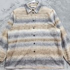 Vintage Tanjay Top Womens 14 Petites Beige Grey Stripe Button Front Long Sleeve