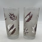 Vintage Mcm Set Of 2 Frosted Highball Barware Glasses With Gold Leaves 5 5    Tall