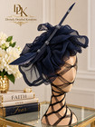 Navy Blue Sinamay Fascinator Hat With Feather And Rhinestone Accents  Elegant Ch
