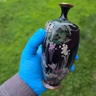 Japanese Meiji Cloisonne Square Vase Wisteria Over Irises Dark Ground