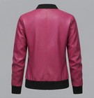 Women s Pink Leather Bomber Jacket Black Ribbed Collar Zip Up Fashion Coat