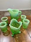 Vintage Mosser Glass Opal Green Pitcher  Juice Glasses  Candy Dish And Spooner