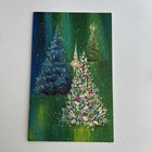 Vintage Mid Century Christmas Greeting Card Glitter Trees White Blue Pink
