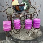 Vintage Brass   Glass Sun Face 4-pillar Candle Holder W wire Basket Bohofolk Art