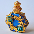 Czech Bottle For Perfume Art Deco Blue Glass Filigree Gold Tone Czech Vial