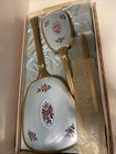 Vintage Vanity Set Mirror Blue Brush Comb Gold Tonal W  Embroidered Rose Design
