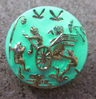 1-raised Gold 3 Frogs With A Cart On A Uv Reactive Mint Green Button  53 21 74mm