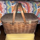 Antique Woven Wooden Picnic Basket Hamper Carrying Handles Primitive Aged Patina