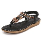 Women Beaded Ankle Strap Thong Sandals Floral Embossed Flat Bohemian Beach Shoes