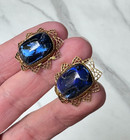 Deco Czech Brass Starburst Clip On Earrings W  Italian Sommerso Blue Glass Stone