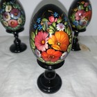 Vintage Russian Hand Painted Black Lacquer Wooden Eggs On Stand  6    3 5    Tall